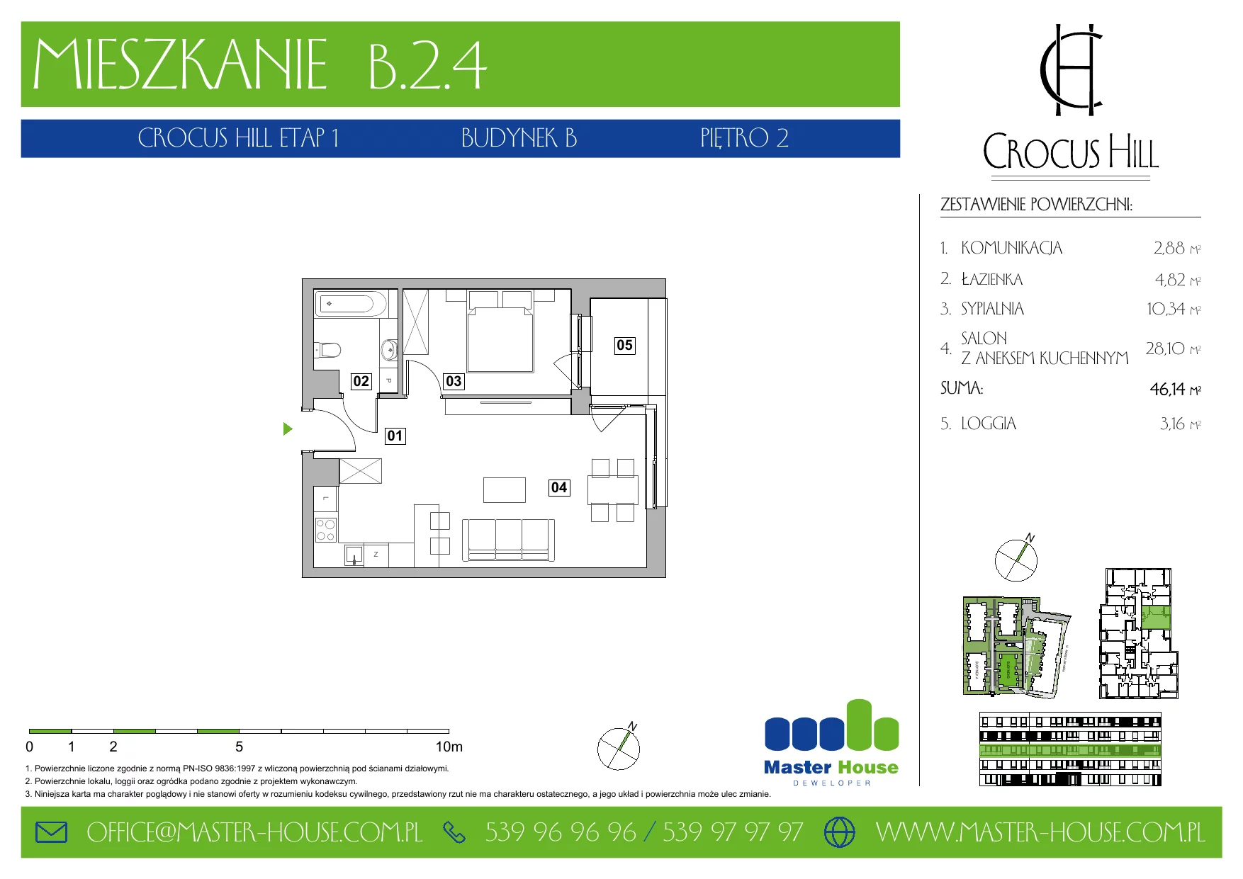 Mieszkanie 46,14 m², piętro 2, oferta nr B.2.4, Crocus Hill, Szczecin, Śródmieście, ul. Jerzego Janosika 2, 2A, 3, 3A